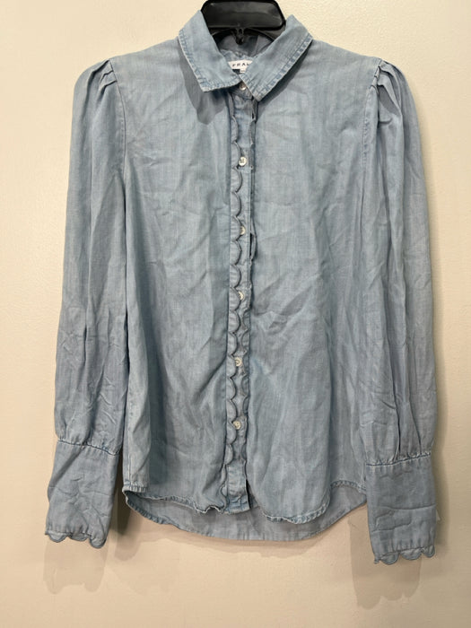 Frame Size S Chambray Tencel Collared Long Sleeve Scalloped Detail Button up Top