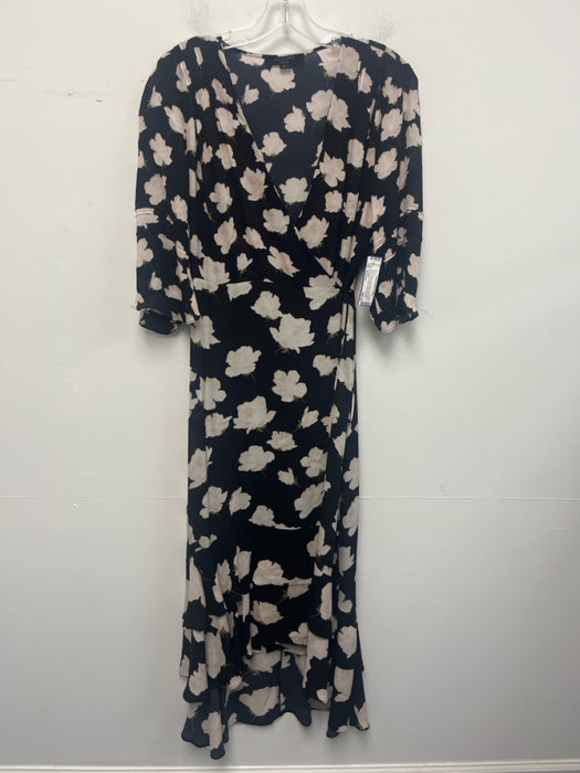 All Saints Size Medium Black, Cream & Pink Viscose Floral Wrap Midi Dress