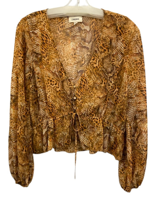 L'agence Size S Brown & Beige Polyester Long Sleeve V Neck Animal Print Top Brown & Beige / S