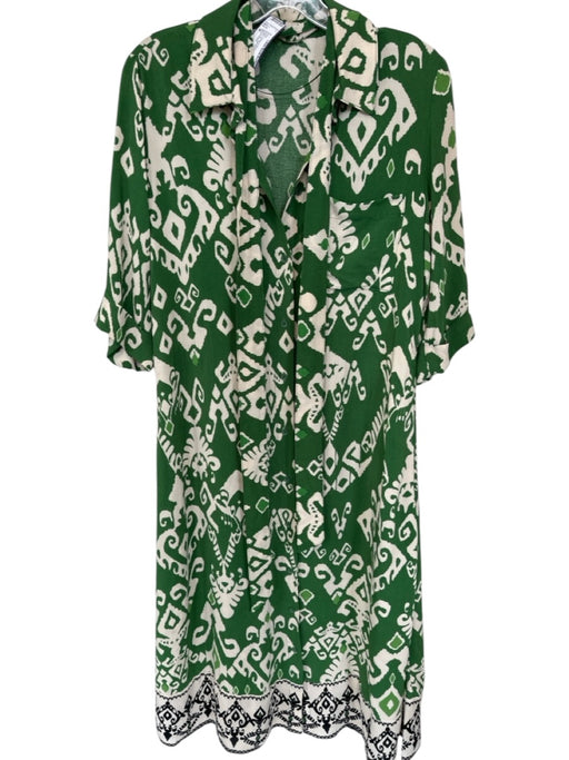 Zara Size M Green Cream & Brown Viscose Collar Button Up Half Sleeve Dress Green Cream & Brown / M
