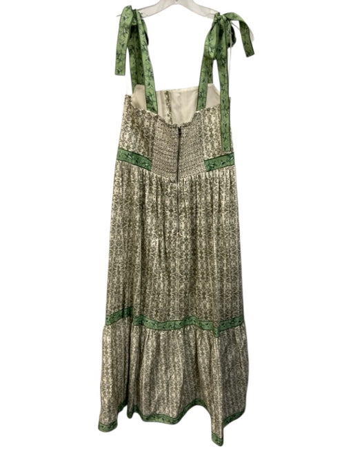 Alice & Olivia Size 12 Cream & Green Cotton Tie Shoulder Straps Back Zip Dress Cream & Green / 12