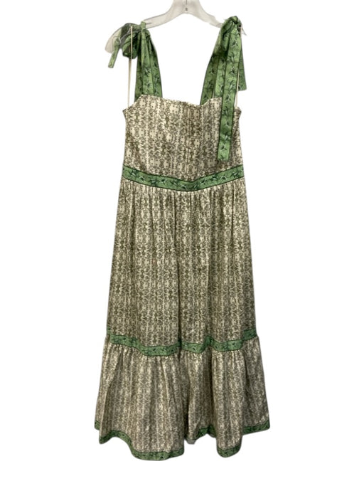 Alice & Olivia Size 12 Cream & Green Cotton Tie Shoulder Straps Back Zip Dress Cream & Green / 12