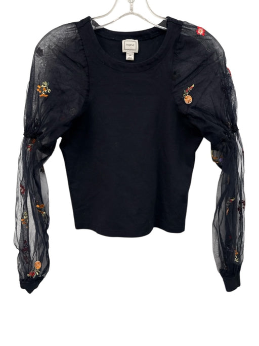 Maeve Size XXS Black & Multi Viscose Blend Botanical Embroidery Mesh Sleeves Top Black & Multi / XXS
