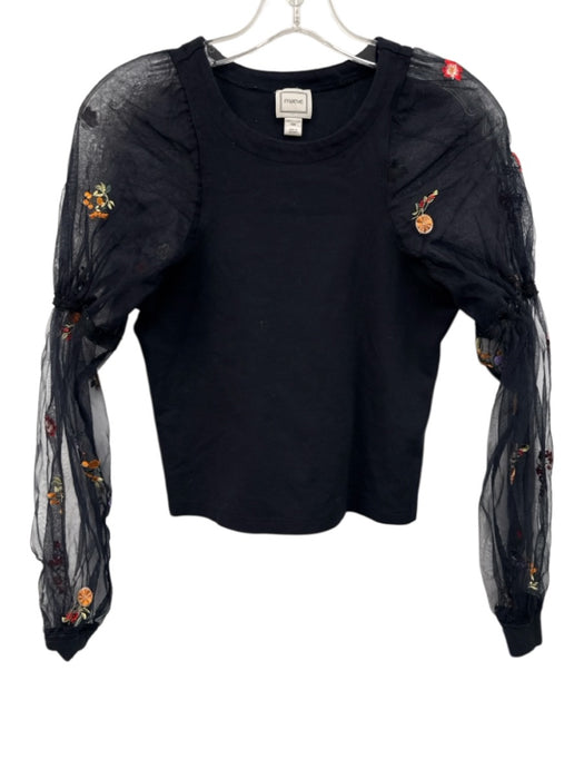 Maeve Size XXS Black & Multi Viscose Blend Botanical Embroidery Mesh Sleeves Top Black & Multi / XXS