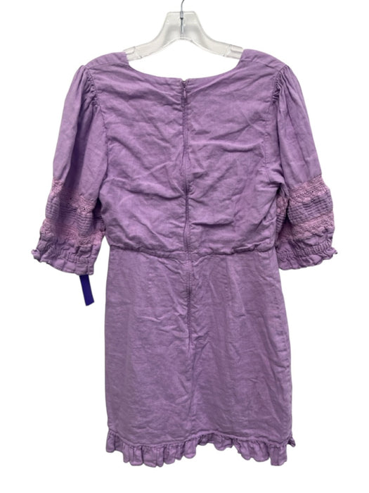 Foxiedox Size M Light Purple Linen 1/2 Puff Sleeve V Neck Lace Detail Dress Light Purple / M