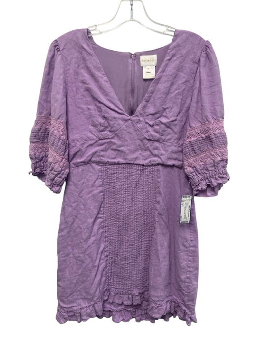 Foxiedox Size M Light Purple Linen 1/2 Puff Sleeve V Neck Lace Detail Dress Light Purple / M