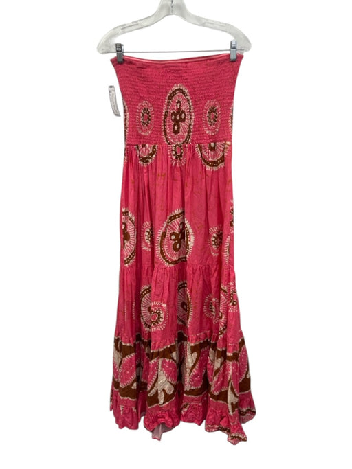 Love The Label Size S Pink & Brown Cotton Strapless Shirred Panels Tiered Dress Pink & Brown / S