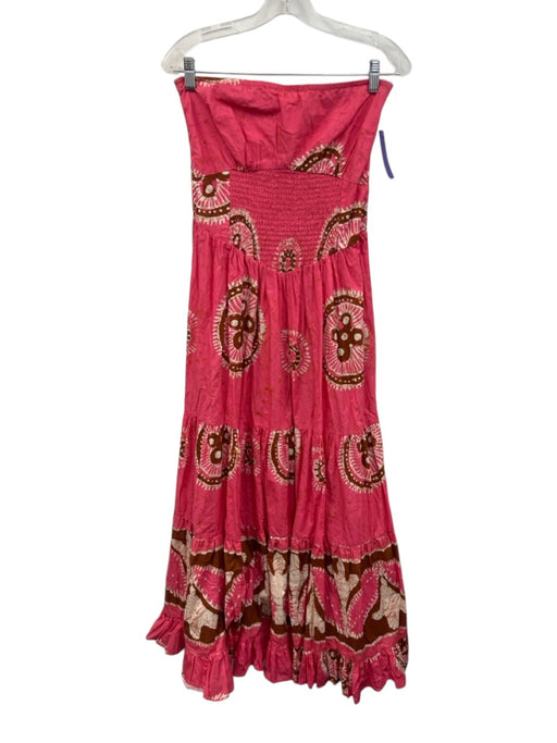 Love The Label Size S Pink & Brown Cotton Strapless Shirred Panels Tiered Dress Pink & Brown / S