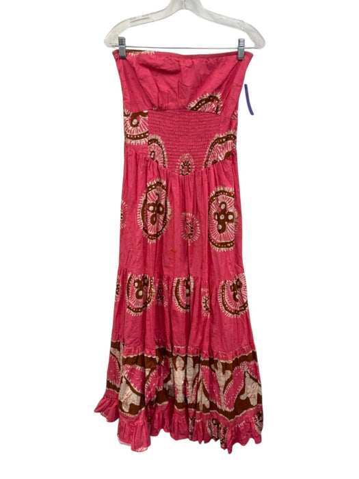 Love The Label Size S Pink & Brown Cotton Strapless Shirred Panels Tiered Dress Pink & Brown / S