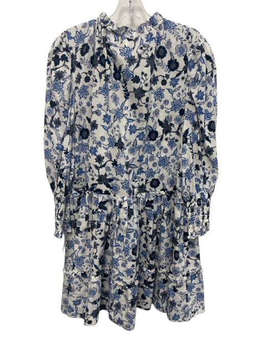 Misa Size XL White & Blue Rayon Blend Botanical Print 3/4 Balloon Sleeve Dress White & Blue / XL