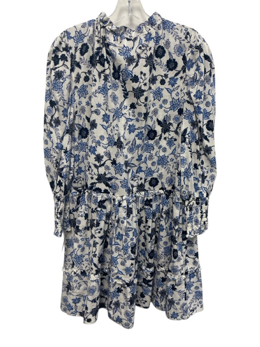 Misa Size XL White & Blue Rayon Blend Botanical Print 3/4 Balloon Sleeve Dress White & Blue / XL