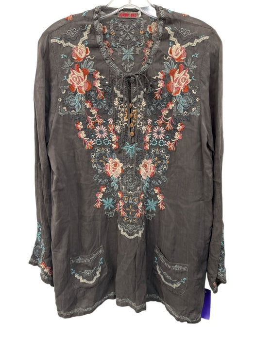 Johnny Was Size S Gray & multi Cupra Rayon Floral Embroidered Tie V Neck Top Gray & multi / S