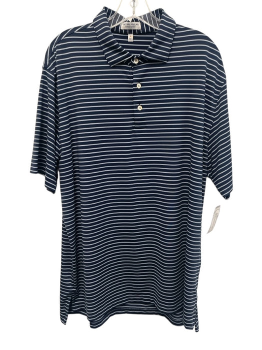 Peter Millar Size L Navy Blue & White Polyester Striped Polo Men's Short Sleeve Navy Blue & White / L