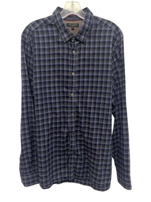 Ted Baker Size 5 Blue, Purple & Gray Print Cotton Plaid Men's Long Sleeve Shirt Blue, Purple & Gray Print / 5