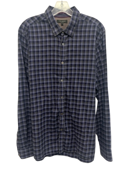 Ted Baker Size 5 Blue, Purple & Gray Print Cotton Plaid Men's Long Sleeve Shirt Blue, Purple & Gray Print / 5