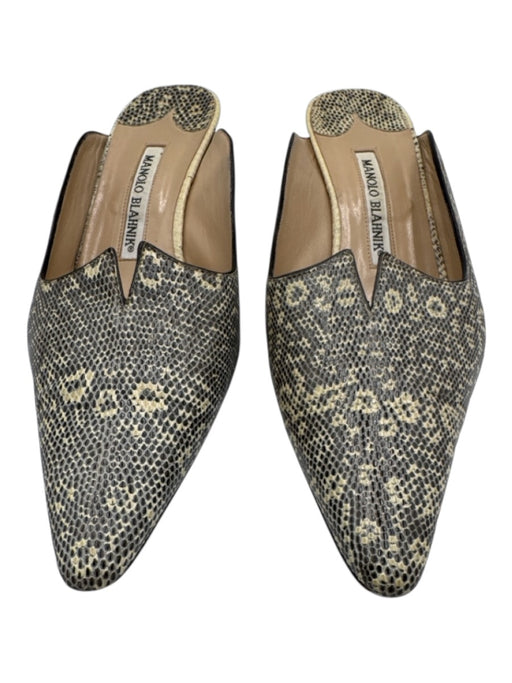 Manolo Blahnik Shoe Size 37.5 Cream & Taupe Lizard Kitten Heel Mule Pumps Cream & Taupe / 37.5