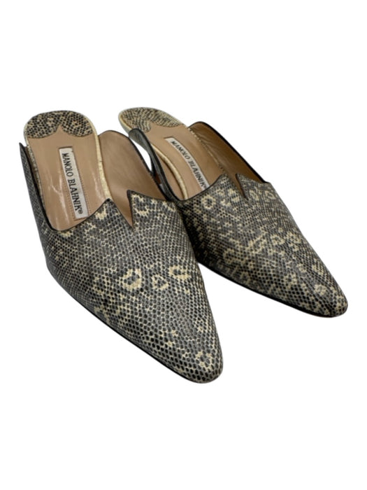 Manolo Blahnik Shoe Size 37.5 Cream & Taupe Lizard Kitten Heel Mule Pumps Cream & Taupe / 37.5