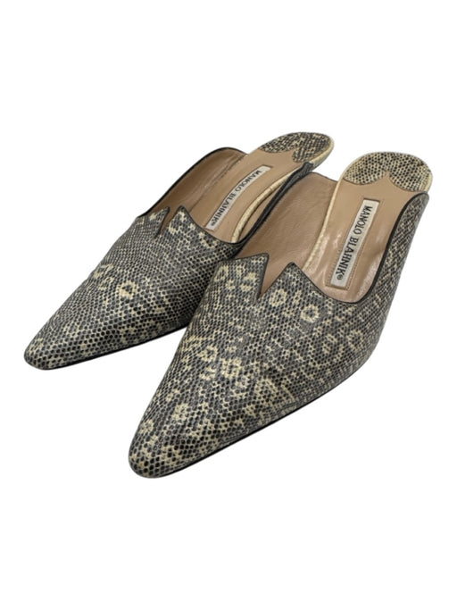 Manolo Blahnik Shoe Size 37.5 Cream & Taupe Lizard Kitten Heel Mule Pumps Cream & Taupe / 37.5