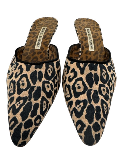 Manolo Blahnik Shoe Size 38 Black & Tan Fabric Leopard Mule Pumps Black & Tan / 38