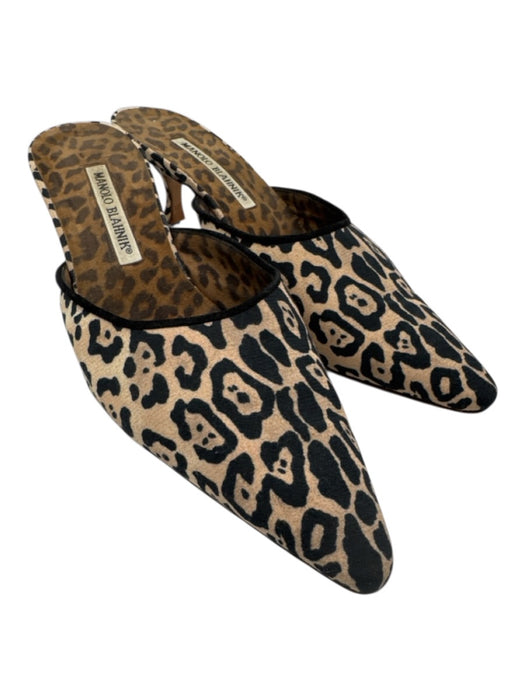 Manolo Blahnik Shoe Size 38 Black & Tan Fabric Leopard Mule Pumps Black & Tan / 38