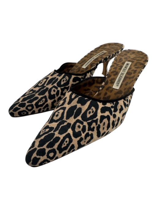 Manolo Blahnik Shoe Size 38 Black & Tan Fabric Leopard Mule Pumps Black & Tan / 38
