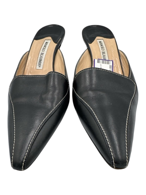 Manolo Blahnik Shoe Size 38 Black Leather Contrast Stitch Kitten Heel Mule Pumps Black / 38