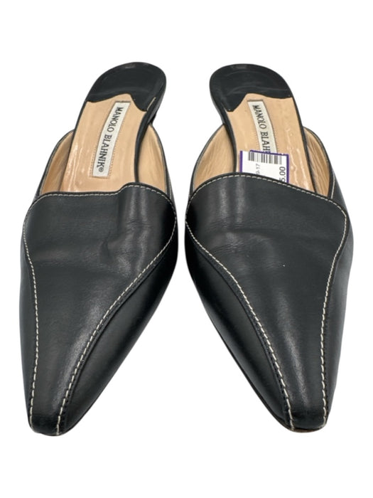 Manolo Blahnik Shoe Size 38 Black Leather Contrast Stitch Kitten Heel Mule Pumps Black / 38