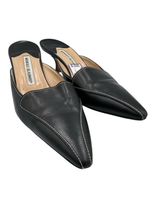 Manolo Blahnik Shoe Size 38 Black Leather Contrast Stitch Kitten Heel Mule Pumps Black / 38