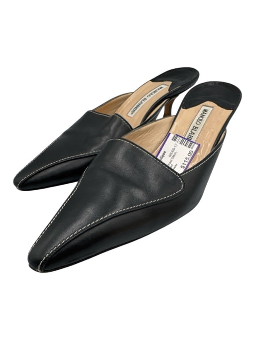 Manolo Blahnik Shoe Size 38 Black Leather Contrast Stitch Kitten Heel Mule Pumps Black / 38