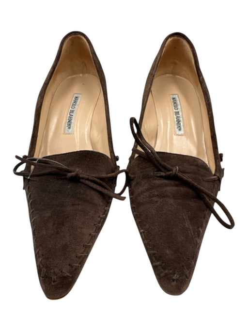 Manolo Blahnik Shoe Size 38.5 Brown Suede Whipstitch Bow Kitten Heel Pumps Brown / 38.5