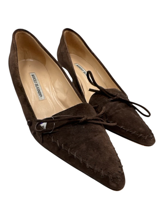 Manolo Blahnik Shoe Size 38.5 Brown Suede Whipstitch Bow Kitten Heel Pumps Brown / 38.5