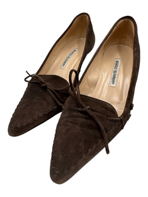 Manolo Blahnik Shoe Size 38.5 Brown Suede Whipstitch Bow Kitten Heel Pumps Brown / 38.5