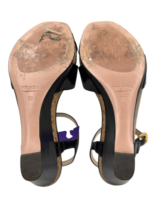 Prada Shoe Size 38 Black Leather Cork Buckle Ankle Strap Wedges Black / 38