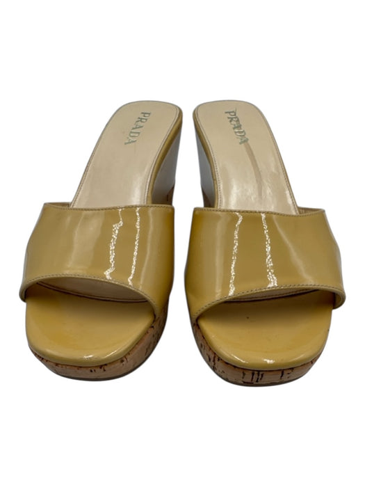 Prada Shoe Size 37.5 Yellow Beige Patent Leather Cork Wedges Yellow Beige / 37.5