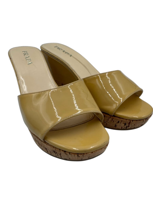 Prada Shoe Size 37.5 Yellow Beige Patent Leather Cork Wedges Yellow Beige / 37.5
