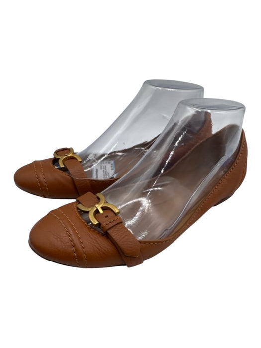 Chloe Shoe Size 38 Cognac Brown Leather Round Toe Logo Buckle Ballerina Flats Cognac Brown / 38