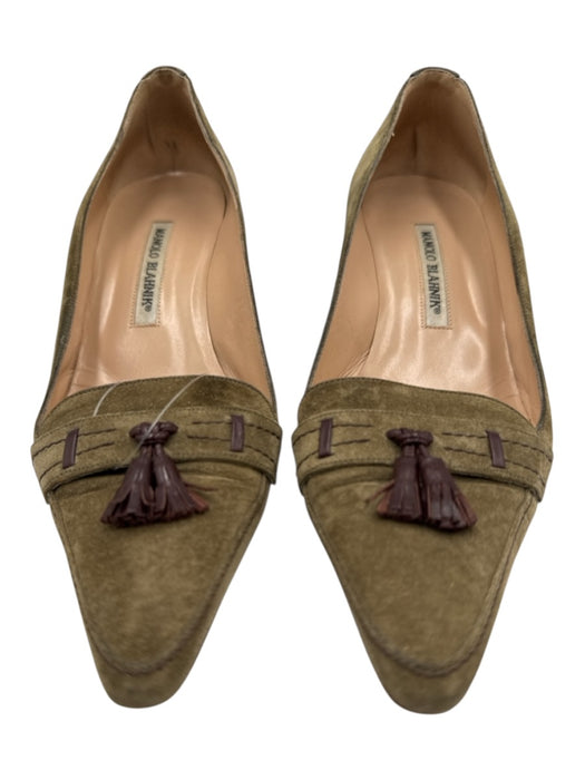 Manolo Blahnik Shoe Size 38.5 Olive Green & Brown Suede & Leather Tassle Pumps Olive Green & Brown / 38.5