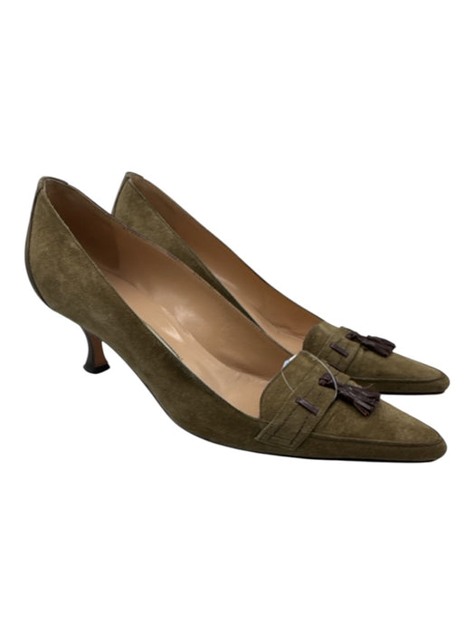 Manolo Blahnik Shoe Size 38.5 Olive Green & Brown Suede & Leather Tassle Pumps Olive Green & Brown / 38.5