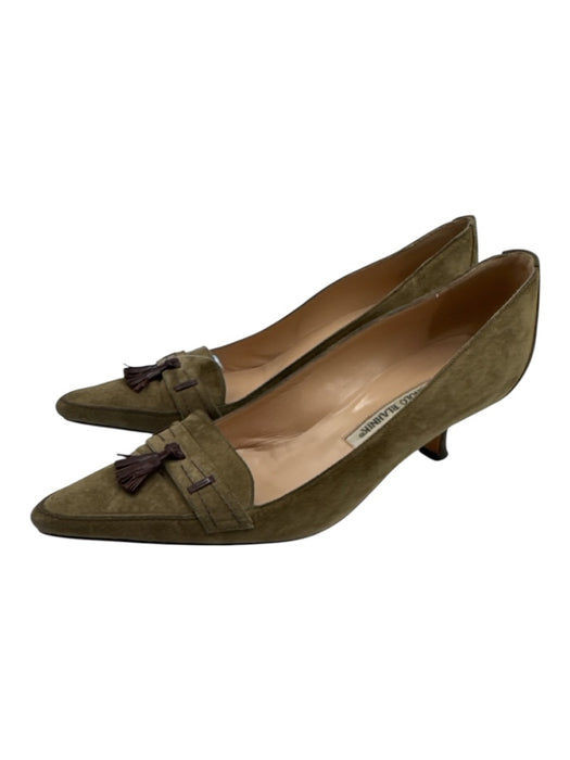 Manolo Blahnik Shoe Size 38.5 Olive Green & Brown Suede & Leather Tassle Pumps Olive Green & Brown / 38.5
