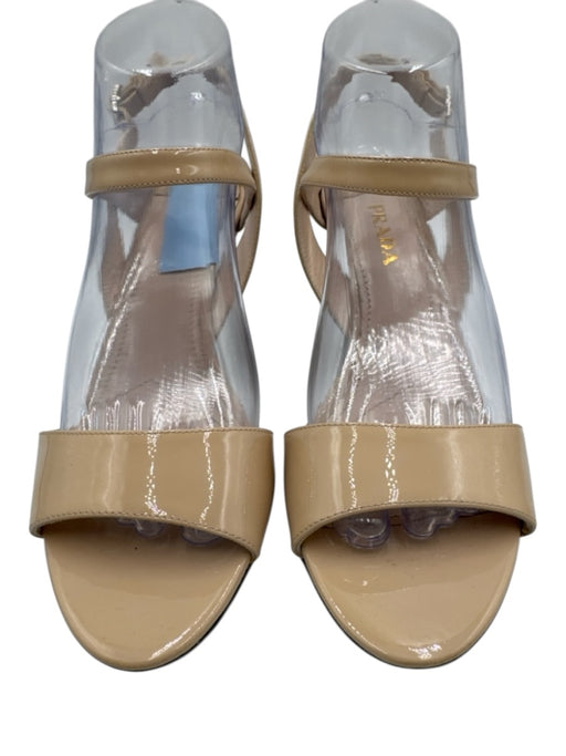 Prada Shoe Size 38 Beige Patent Leather Round Toe Silver Buckle Wedge Sandals Beige / 38