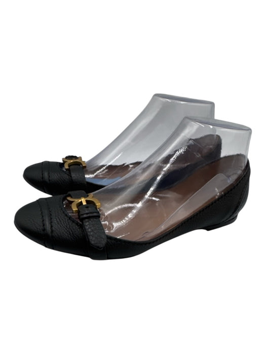 Chloe Shoe Size 38 Black & Gold Leather Round Toe Logo Buckle Ballerina Flats Black & Gold / 38