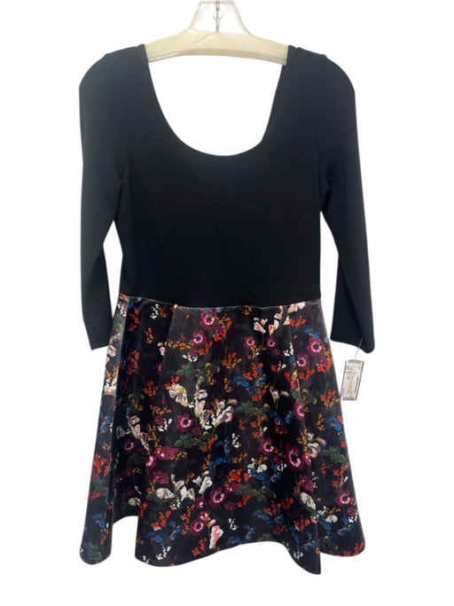 Alice + Olivia Size 8 Black & Multi Polyester Long Sleeve Floral Pleated Dress Black & Multi / 8