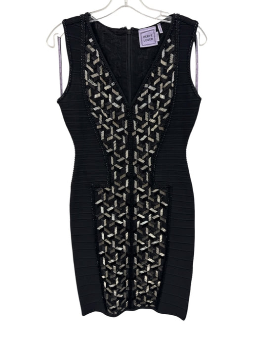 Herve Leger Size Medium Black & Silver Rayon Blend Sleeveless Beaded Dress Black & Silver / Medium