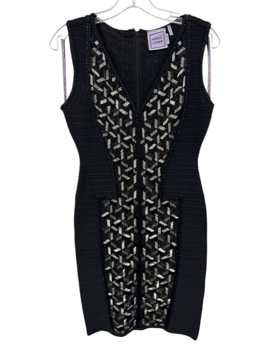 Herve Leger Size Medium Black & Silver Rayon Blend Sleeveless Beaded Dress Black & Silver / Medium