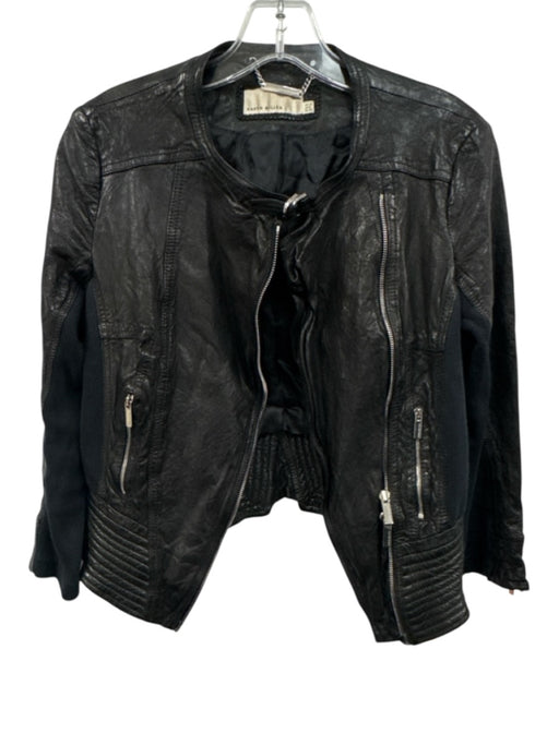 Karen Millen Size 8 Black Leather & Textile Long Sleeve Zip Front Quilted Jacket Black / 8