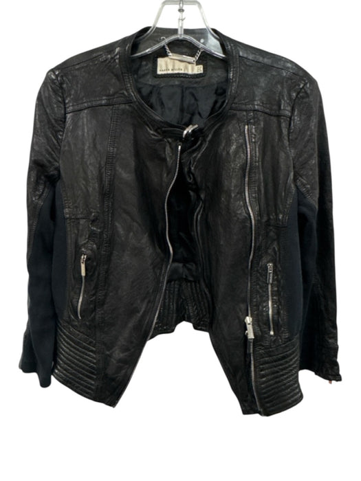 Karen Millen Size 8 Black Leather & Textile Long Sleeve Zip Front Quilted Jacket Black / 8