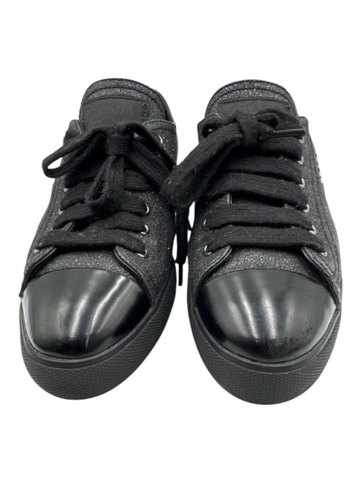 Prada Sport Shoe Size 38 Black Leather Glitter Cap Toe Lace Up Low Top Sneakers Black / 38