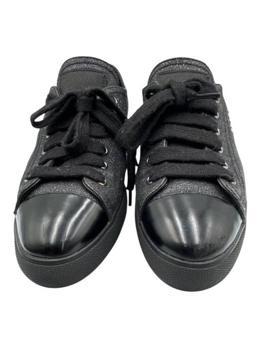 Prada Sport Shoe Size 38 Black Leather Glitter Cap Toe Lace Up Low Top Sneakers Black / 38