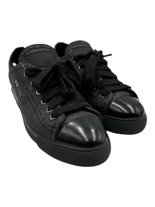 Prada Sport Shoe Size 38 Black Leather Glitter Cap Toe Lace Up Low Top Sneakers Black / 38
