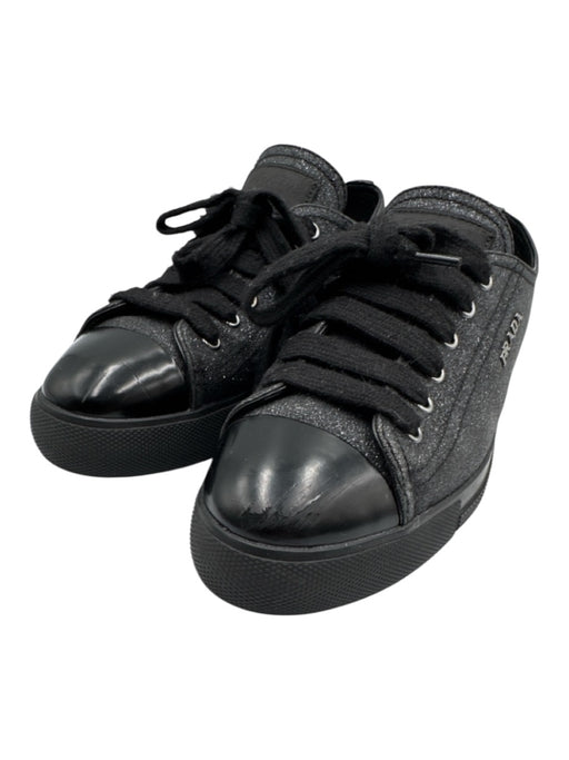 Prada Sport Shoe Size 38 Black Leather Glitter Cap Toe Lace Up Low Top Sneakers Black / 38